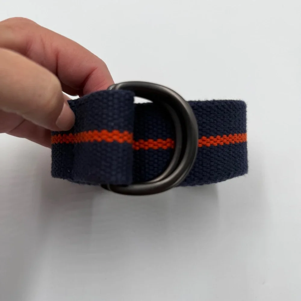 Navy Blue Orange Striped Woven Cotton D-Ring Belt Mens Canvas Webbing 40 Inch